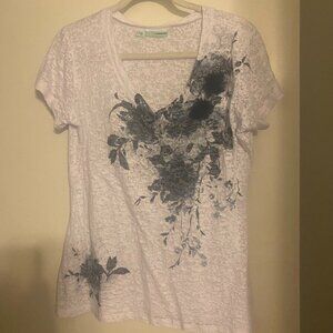 BLACK FLORAL PRINT WHITE TUNIC W/BLACK ORGANZA FLOWERS WITCHY GOTH STYLE SIZE L